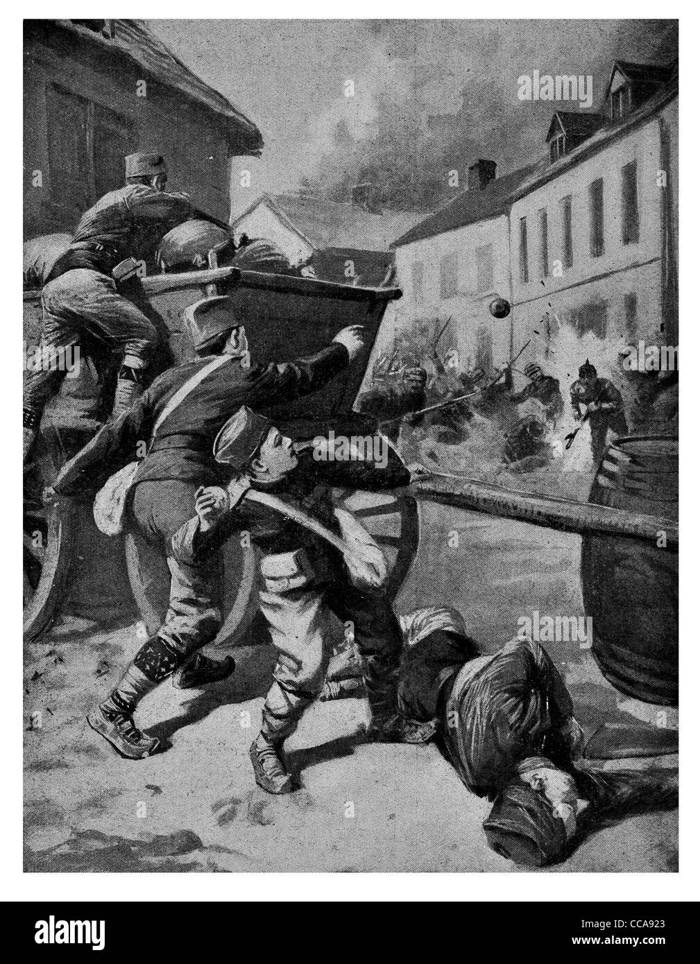 1915 Serbian boy child fighter defend Palanka from Germans barricaded wagon hand grenade brave bravery children Stock Photo