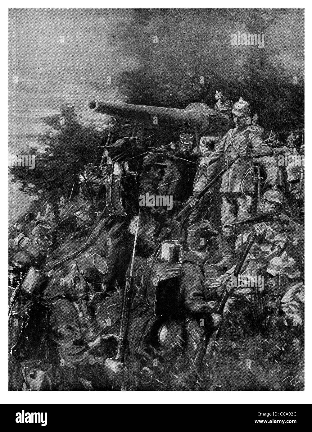 French Infantry capture German Heavy guns Battle of the Rivers night attack artillery field gun front line bayonet charge cannon Stock Photo