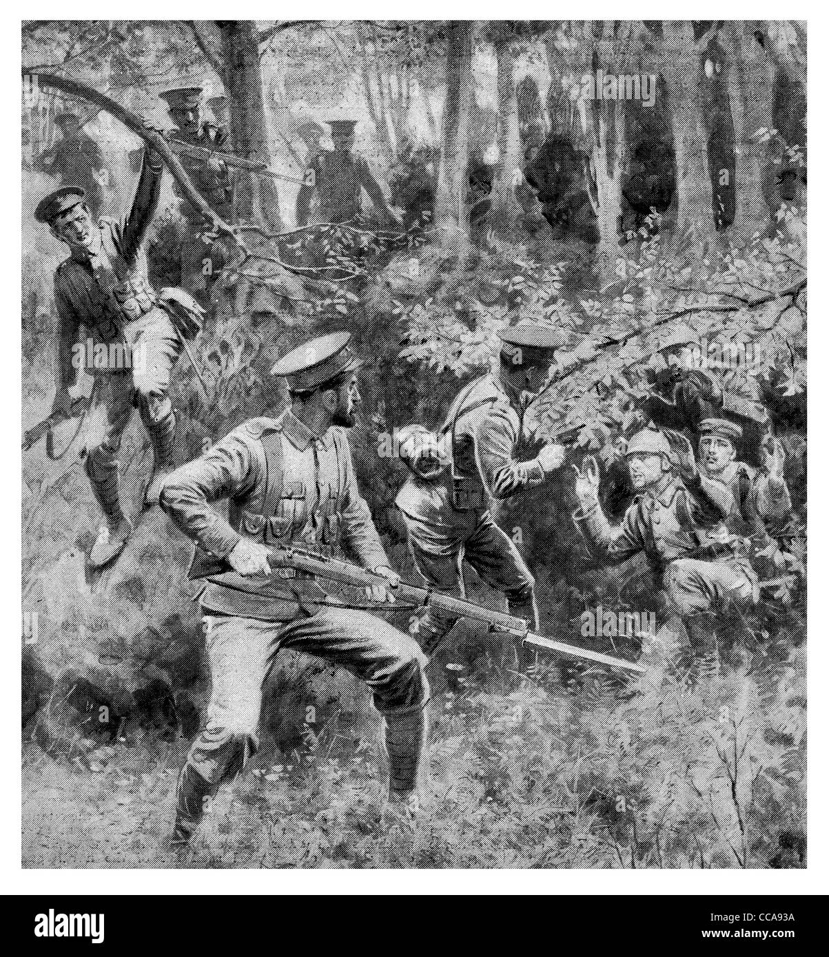 1914 Captured German soldiers surrender without a fight British troops mercy hands up give up white flag forest woods patrol Stock Photo