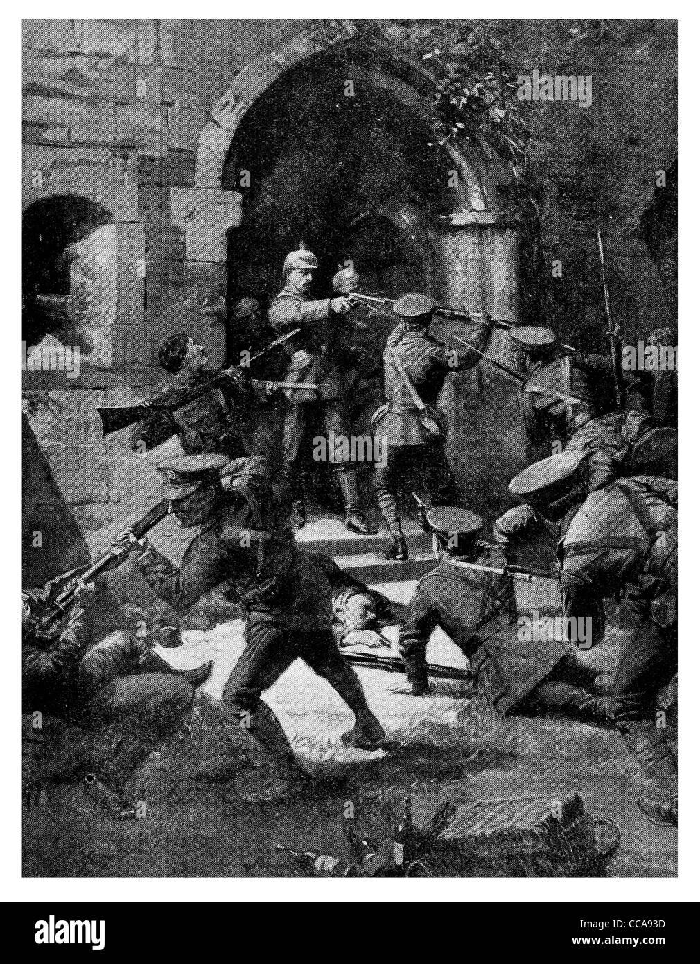 1915 British capture Château d'Ouge rifle Bayonet point church yard hand combat stabbing stabbed mortally wounded pistol Stock Photo