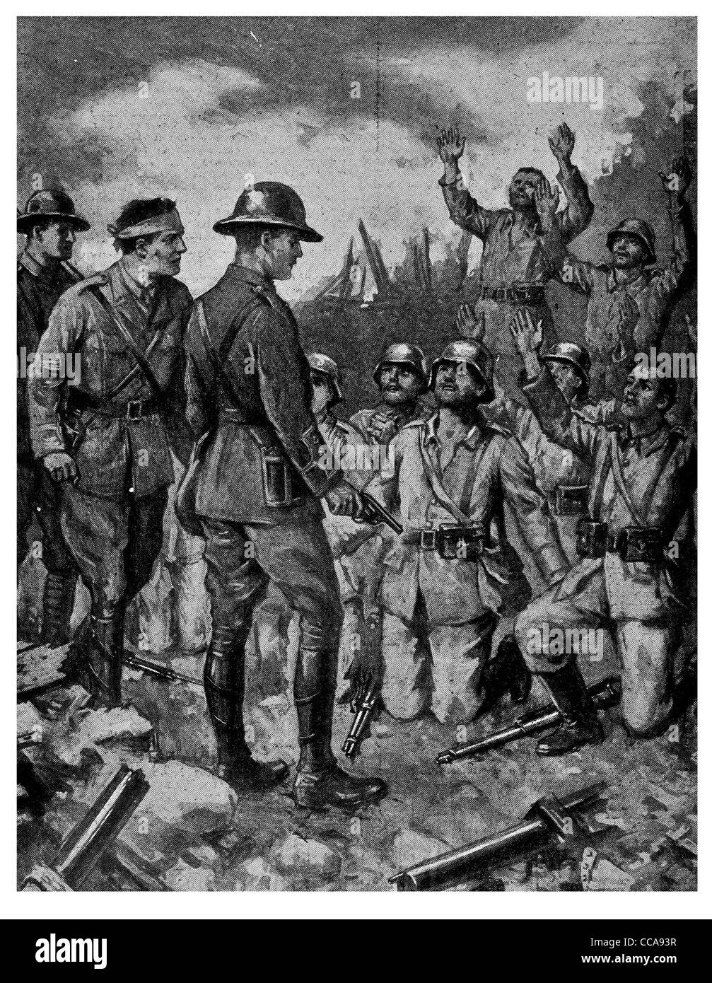 1916 German surrender after British bombardment beg begging mercy on knees white flag officer tired scared front line trench Stock Photo