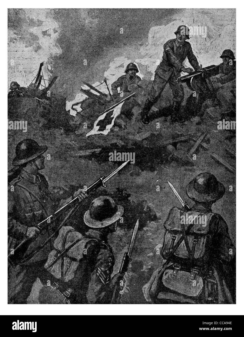 1916 German soldier faked red cross flag then machine gunned British down ambush trap trapped bayonet rifle gunner crew shot Stock Photo