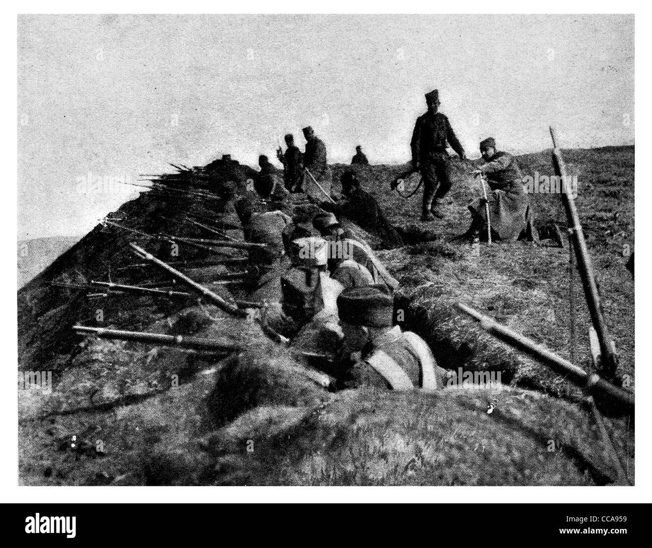 1915 Entrenched Danube Serbian battalion defending waterway against Austro-Germans trench rifle defence defend officer river Stock Photo
