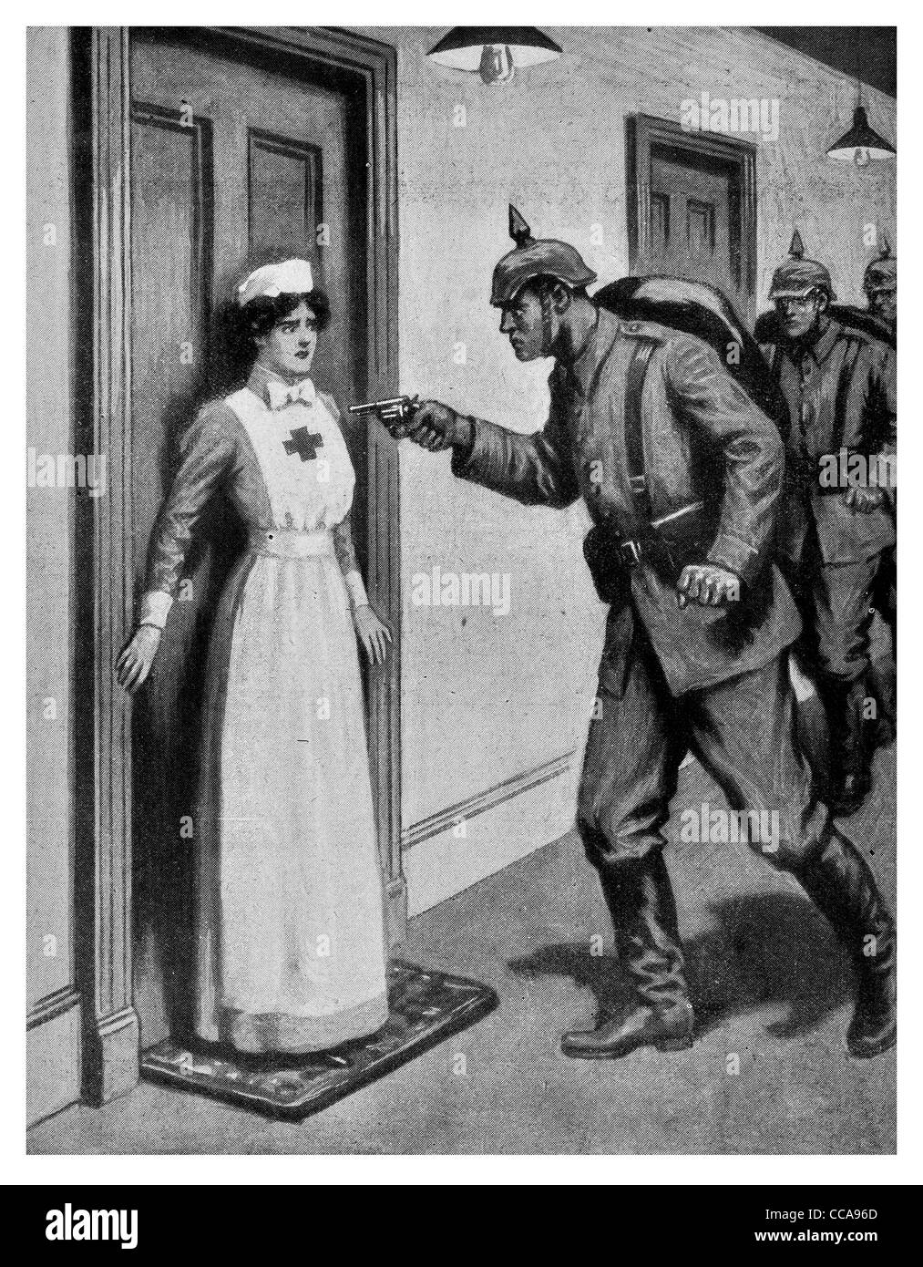 1914 Brave Nurse Agassiz protected wounded enemy German revolver scared bravery hospital protection doorway protect fear clinic Stock Photo