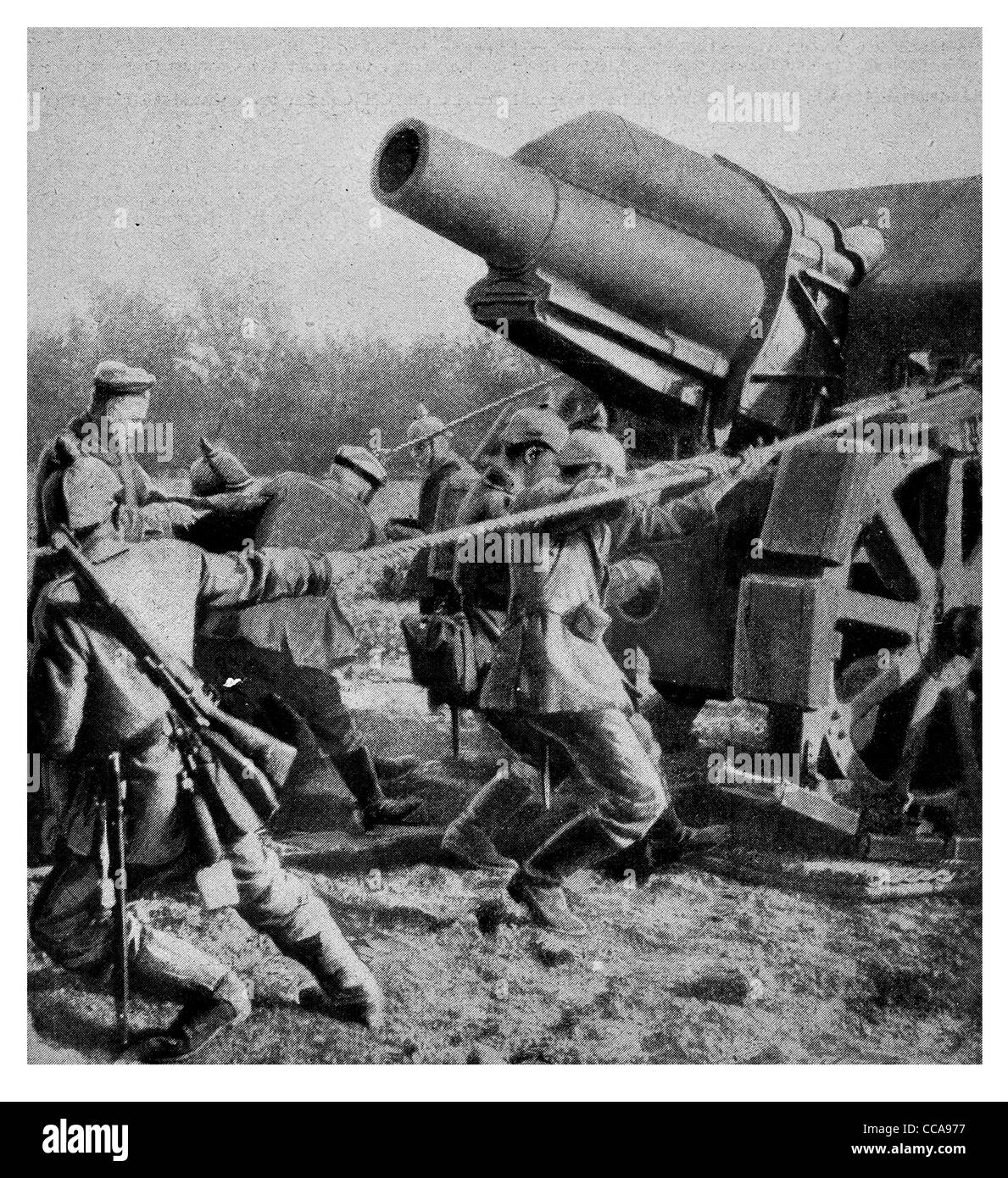 1914 German siege Gun Antwerp monster giant Artillery gunner gunners dragging pulling cannon rifle hard work Stock Photo