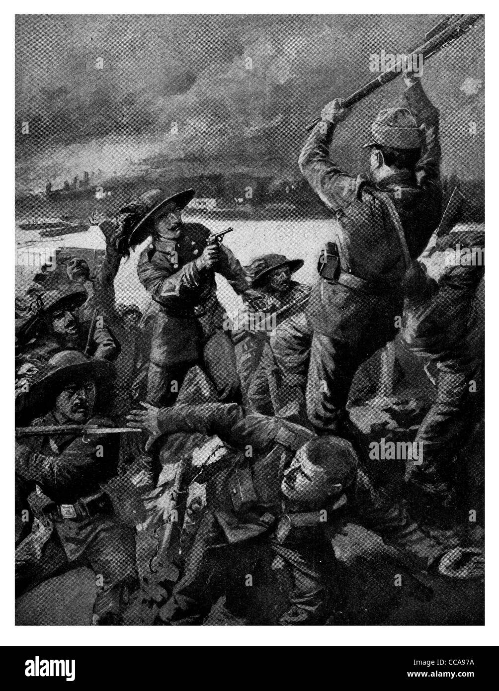 1915 Italian Colonel Rossi 12th Bersaglieri Isonzo river attacking Austrians hand combat rifle pistol bayonet charge advance Stock Photo