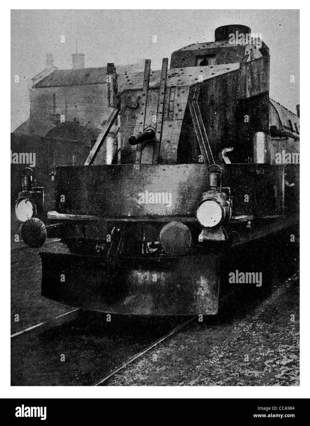 1915 mammoth armoured Austrian train against the Prussians amour railway rail carriage monster protection defensive Stock Photo