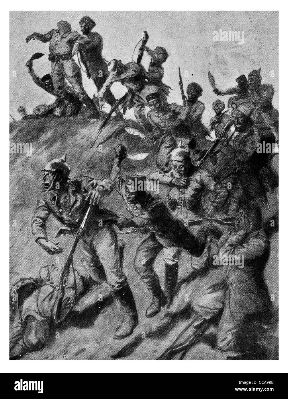 1914 Sikhs Gurkha's attacked German column with bayonet rifle knives kukri machete stabbing stabbed cutting hand combat Stock Photo