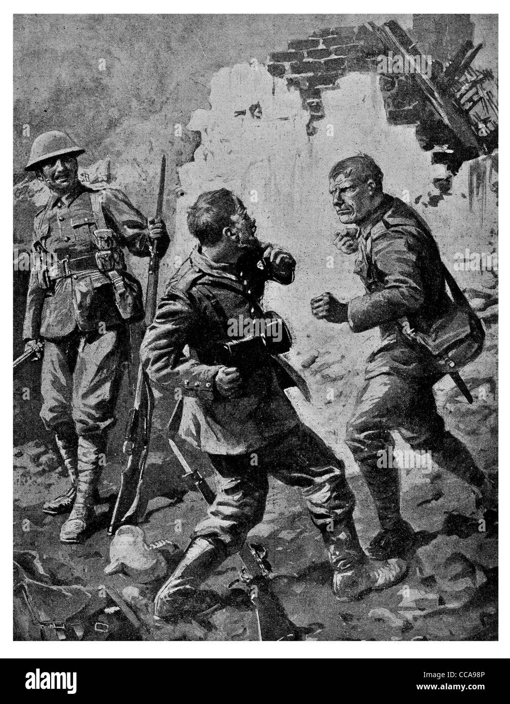 1916 hand fighting combat fist fight British German punch punching boxing anger rage rifle bayonet rubble uniform Stock Photo