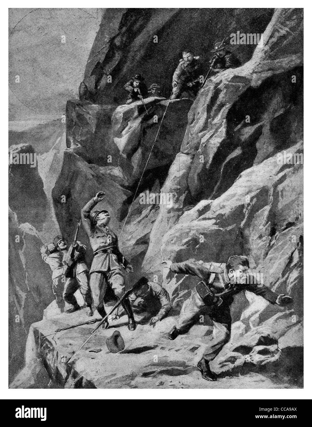 1915 Sicilian soldier lassoing lasso lassoed Austrian general  Isonzo heights Italy awarded gold medal cliff mountain warfare Stock Photo