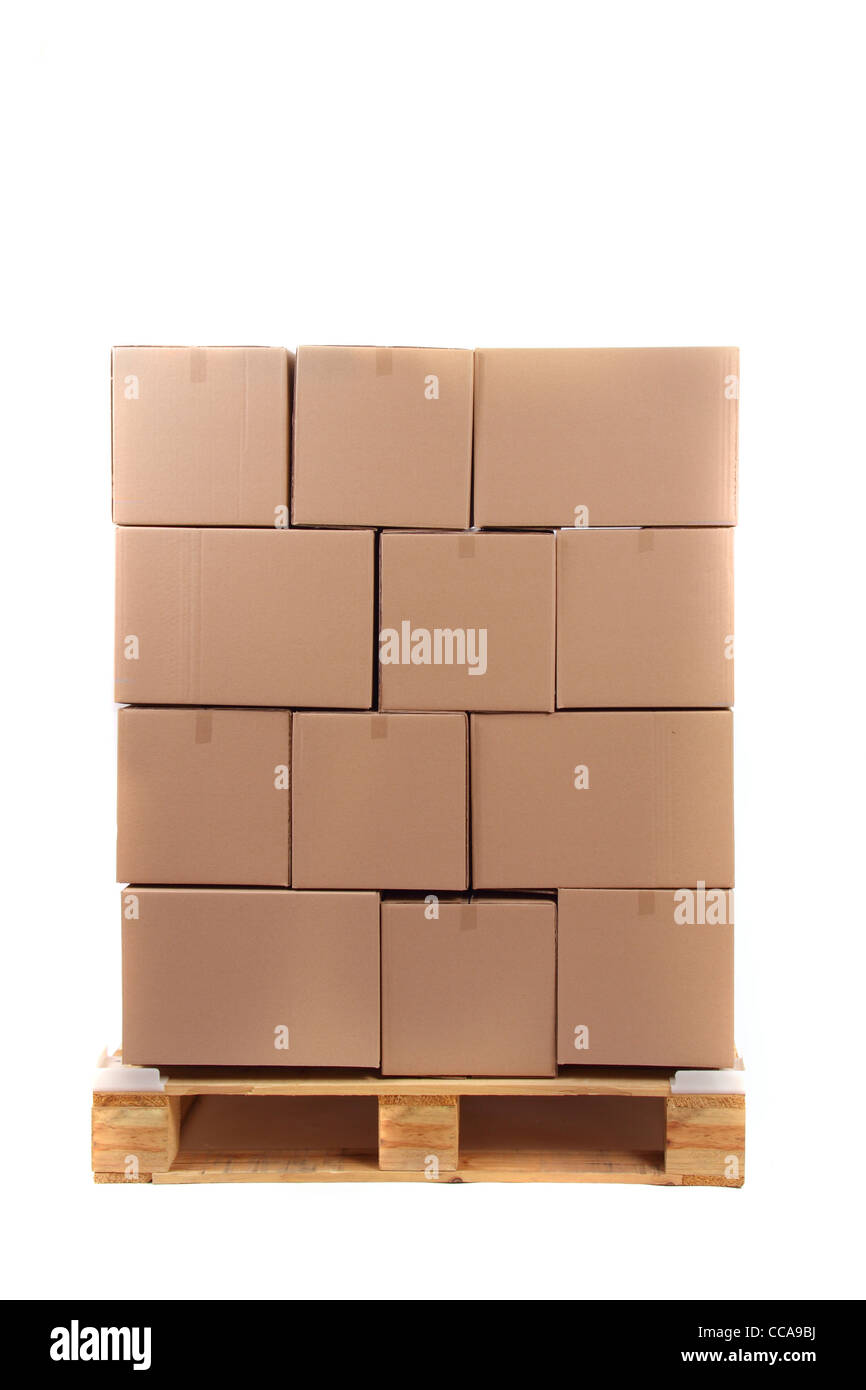 cardboard boxes on wooden palette, photo on white Stock Photo Alamy