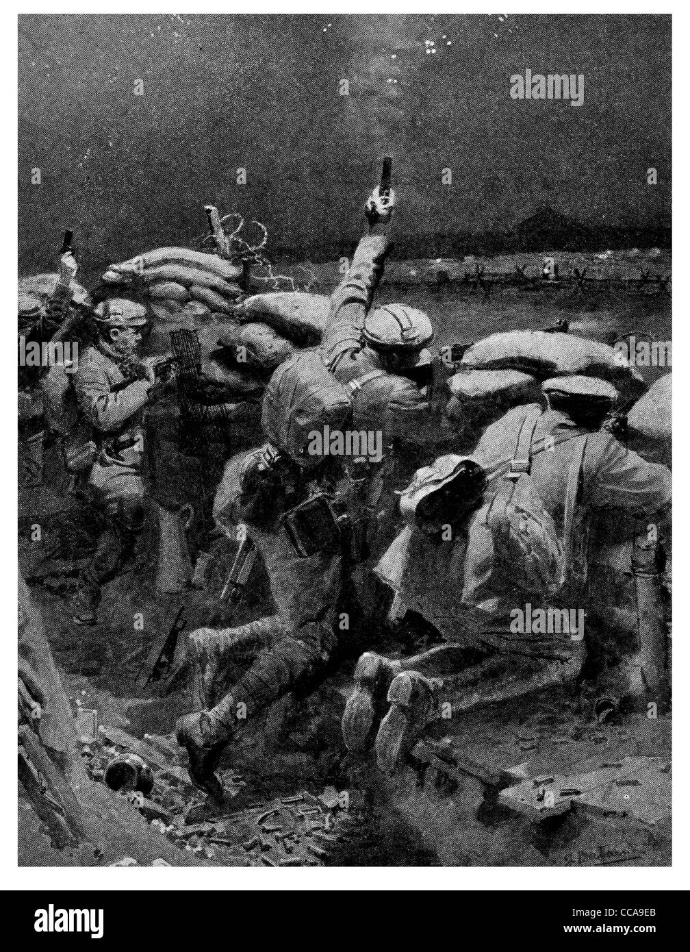 1916 night attack ruse star pistol night flare decoy British trench sandbag gun front line barbed wire no mans land surprise Stock Photo