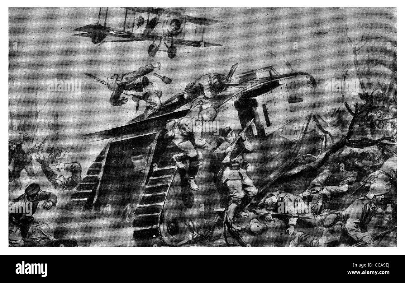 Tank Fontaine Bourlon Wood Royal British air force firing Lewis machine gun German 1917 caterpillar track field death RAF plane Stock Photo