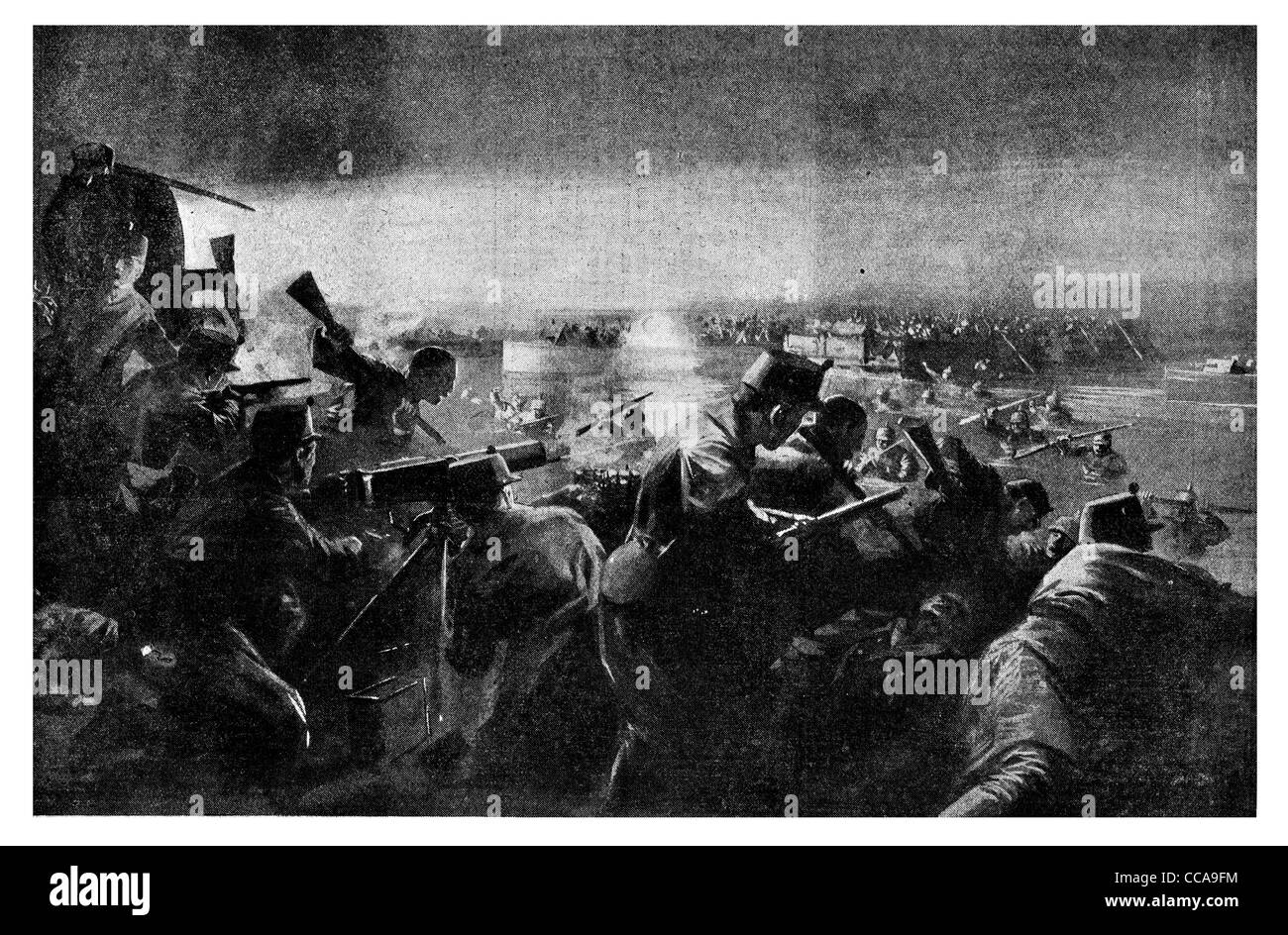 1914 German night attack Flanders Belgian lines 75mm machine Gun motor boat flooded flares flare rifle sword bayonet river bank Stock Photo