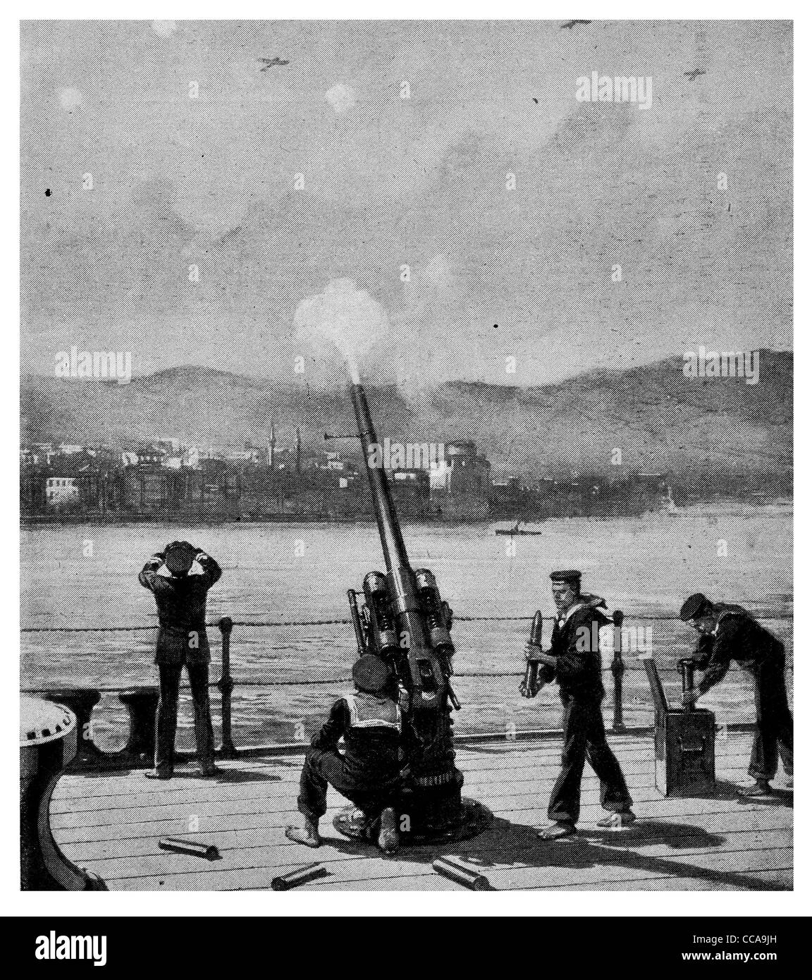 1916 December 30th 3 German bomber bombed Salonika British Navy anti aircraft gun aboard warships shot one down gunner crew Stock Photo