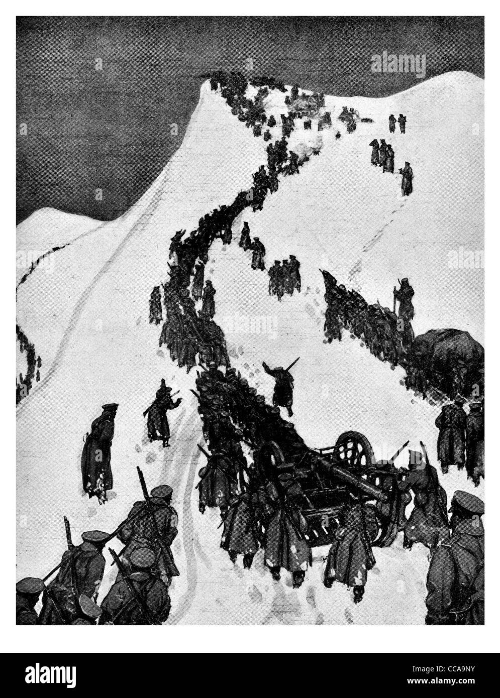 Dukla Pass artillery Carpathian Winter Harness men Eastern Front dragging pulling field guns gun snow ice freezing towing Stock Photo