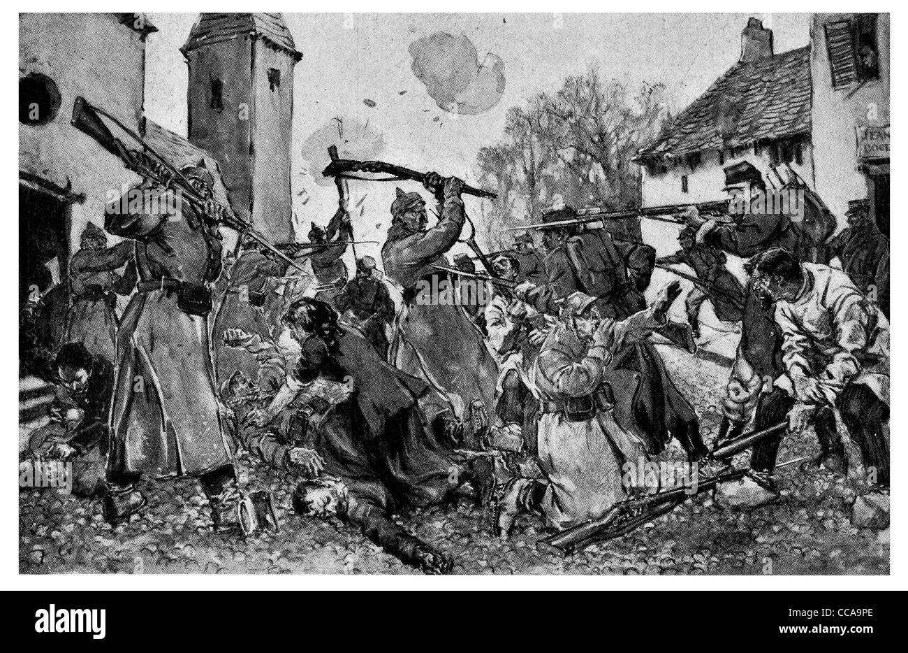 French Peasants Join Hand combat 1915 village fighting stabbing stabbed bayonet knife attack brutal innocent civilians woman men Stock Photo