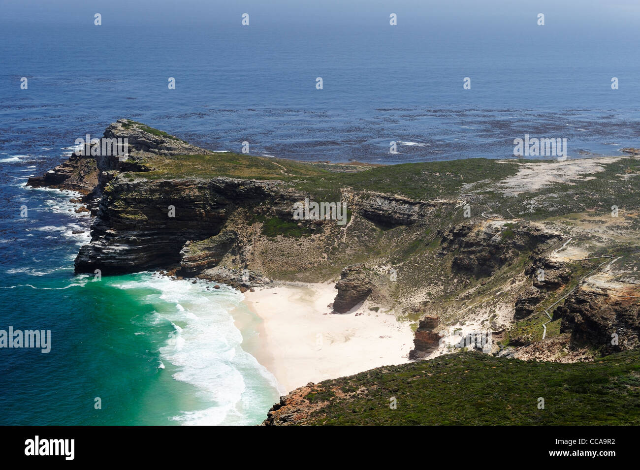 Cape Point and Diaz Beach from Cape Point Lighthouse, Cape Peninsula, Western Cape, South Africa Stock Photo