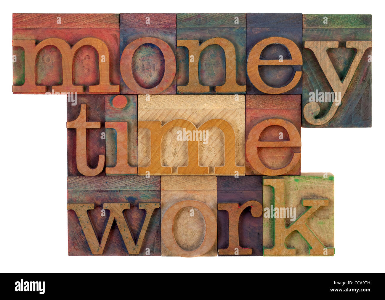 management strategy concept - money, time and quality words in vintage letterpress wooden type blocks Stock Photo