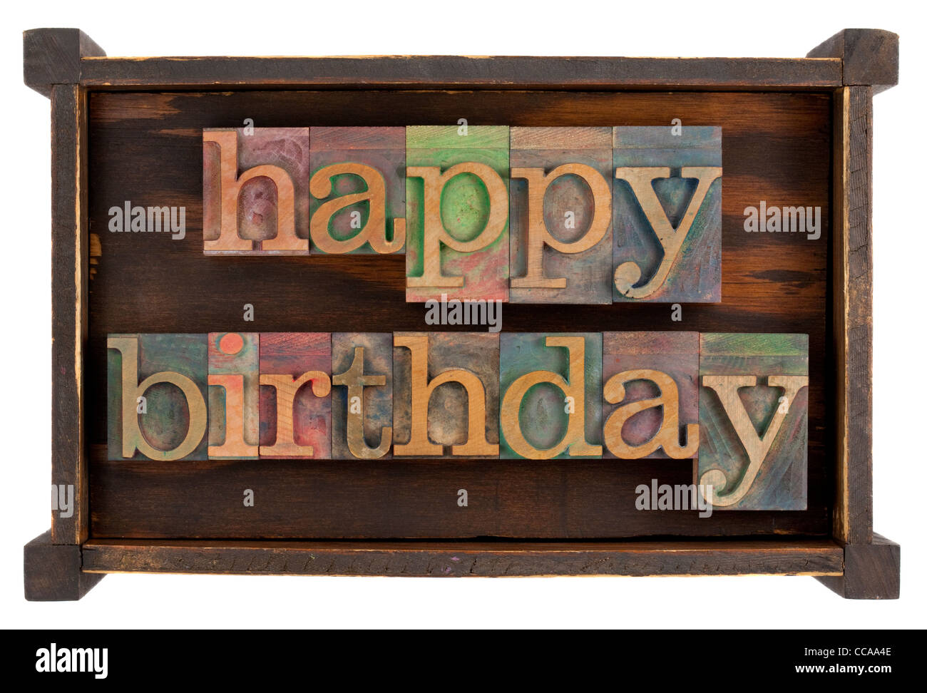 Happy Birthday In Vintage Letterpress Type Block Inside Rustic Wooden Box Isolated On White Stock Photo Alamy
