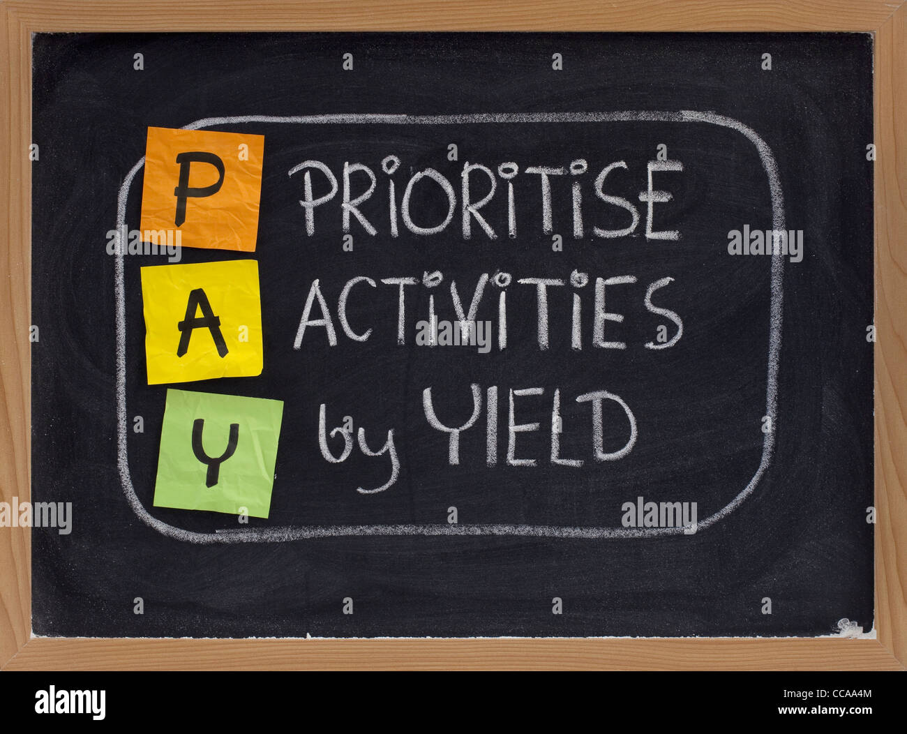PAY (prioritise activities by yield ) acronym, principle of working smart, color sticky notes and white chalk handwriting Stock Photo