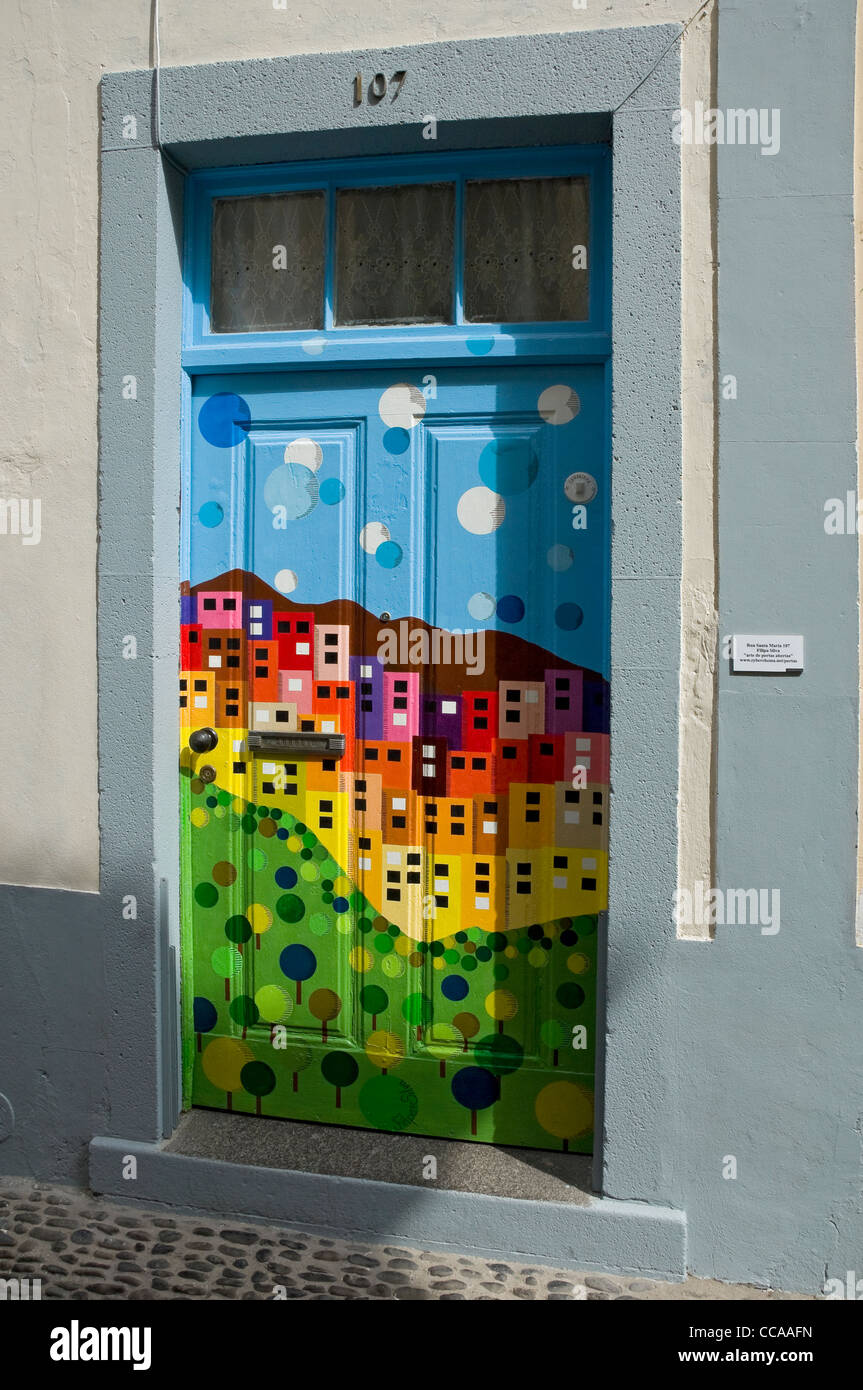 Colourful decorative painted door of a house on the Old Town street Funchal Madeira Portugal EU Europe Stock Photo