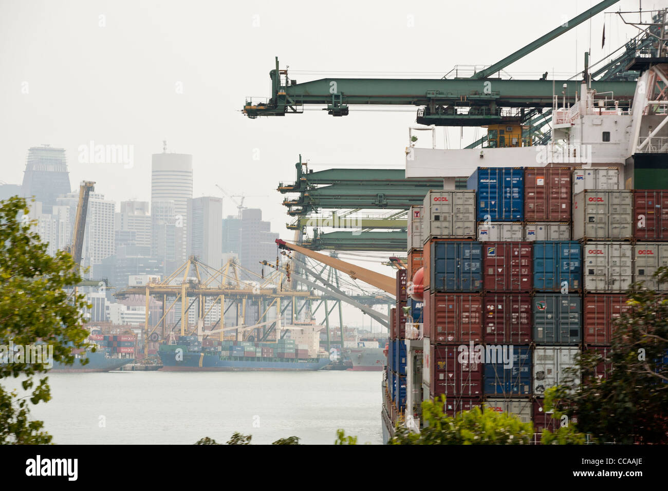 Containers are seen stacked at the Brani Terminal at the port of