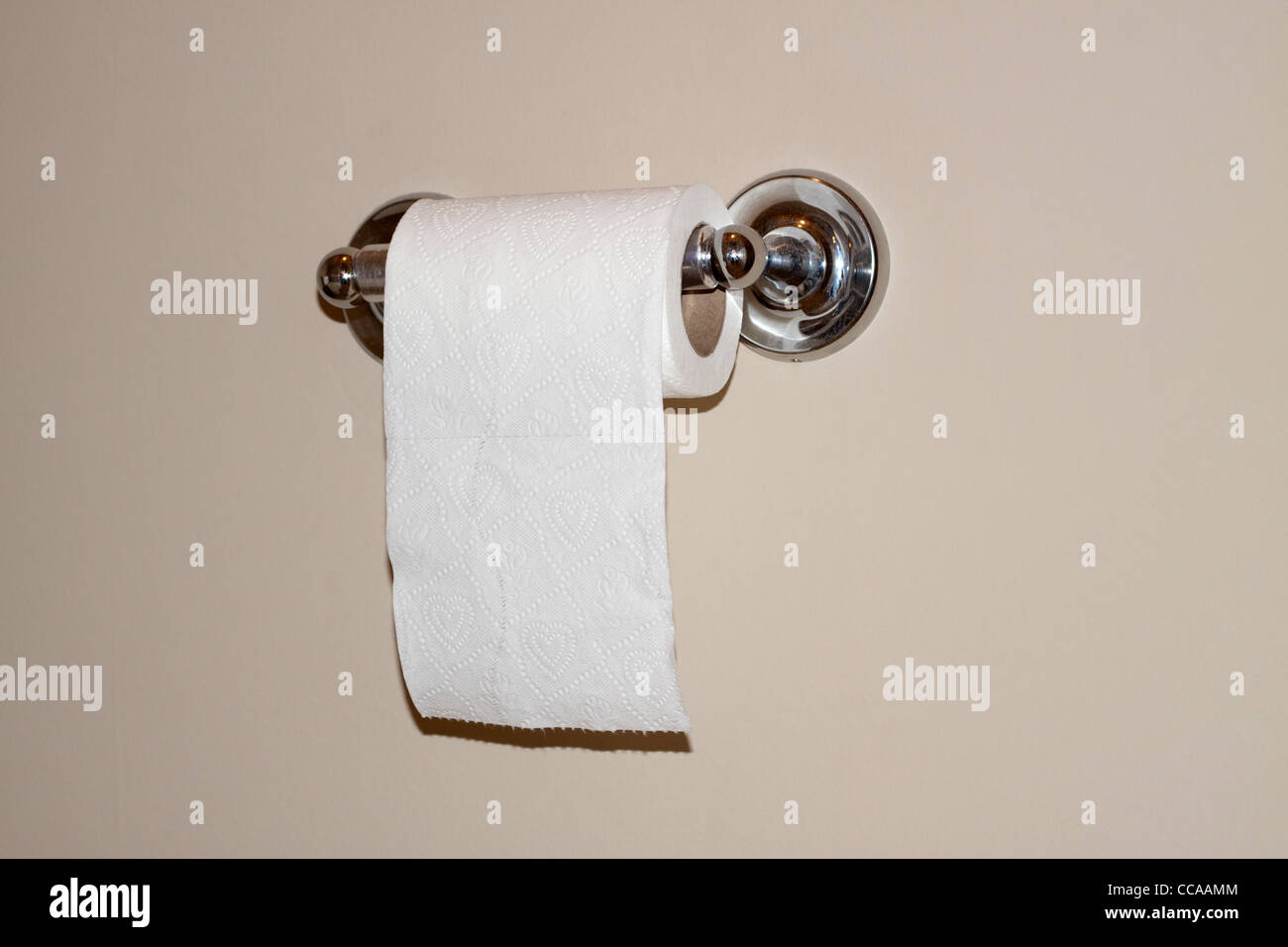Toilet paper on roll on wall Stock Photo