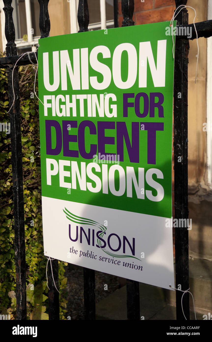 Close up of Unison trade union banner tied to railings York North Yorkshire England UK United Kingdom GB Great Britain Stock Photo