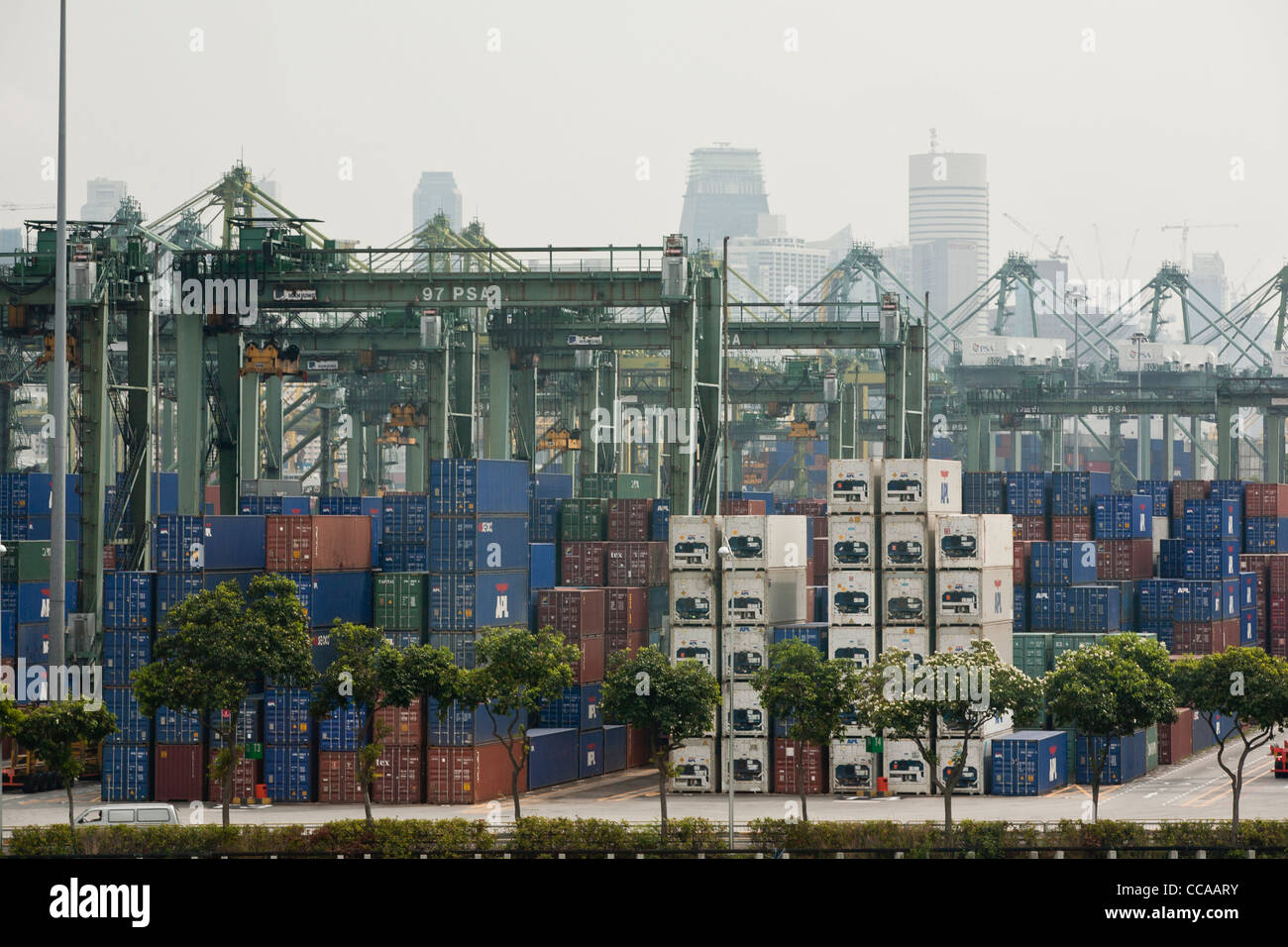 Containers are seen stacked at the Brani Terminal at the port of