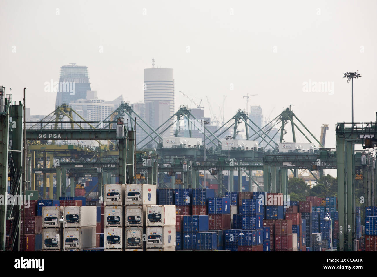 Containers are seen stacked at the Brani Terminal at the port of