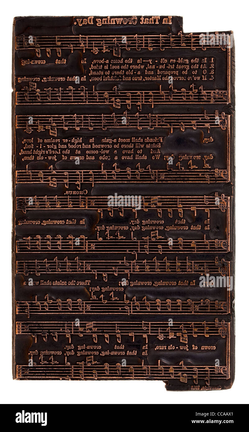 antique (1911 - one hundred years old) copper letterpress printer electrotype music plate with hymn (song) Stock Photo