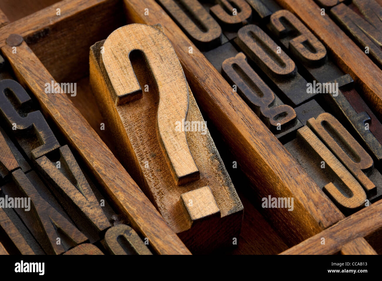 question mark - vintage wooden letterpress type block in old typesetter drawer among other letters stained by ink Stock Photo
