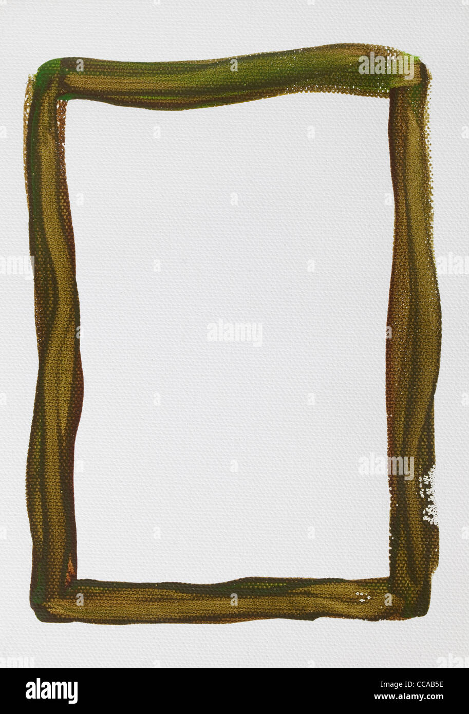 hand painted green and brown watercolor frame (border) surrounding white blank rectangle on artist canvas with a coarse texture Stock Photo