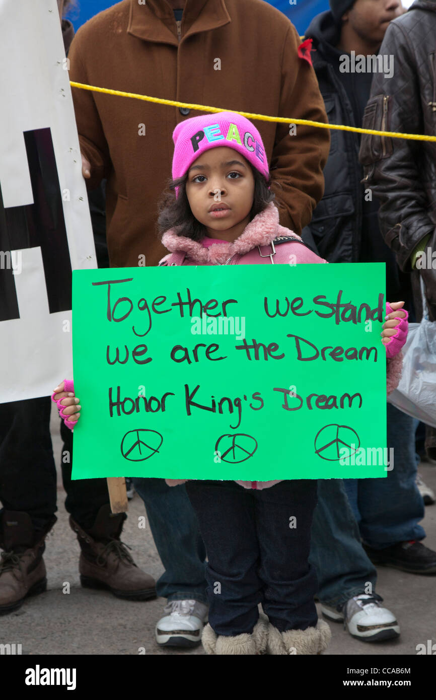 Detroit, Michigan - Hundreds of people marched for jobs, peace, and justice on the Martin Luther King Jr holiday. Stock Photo