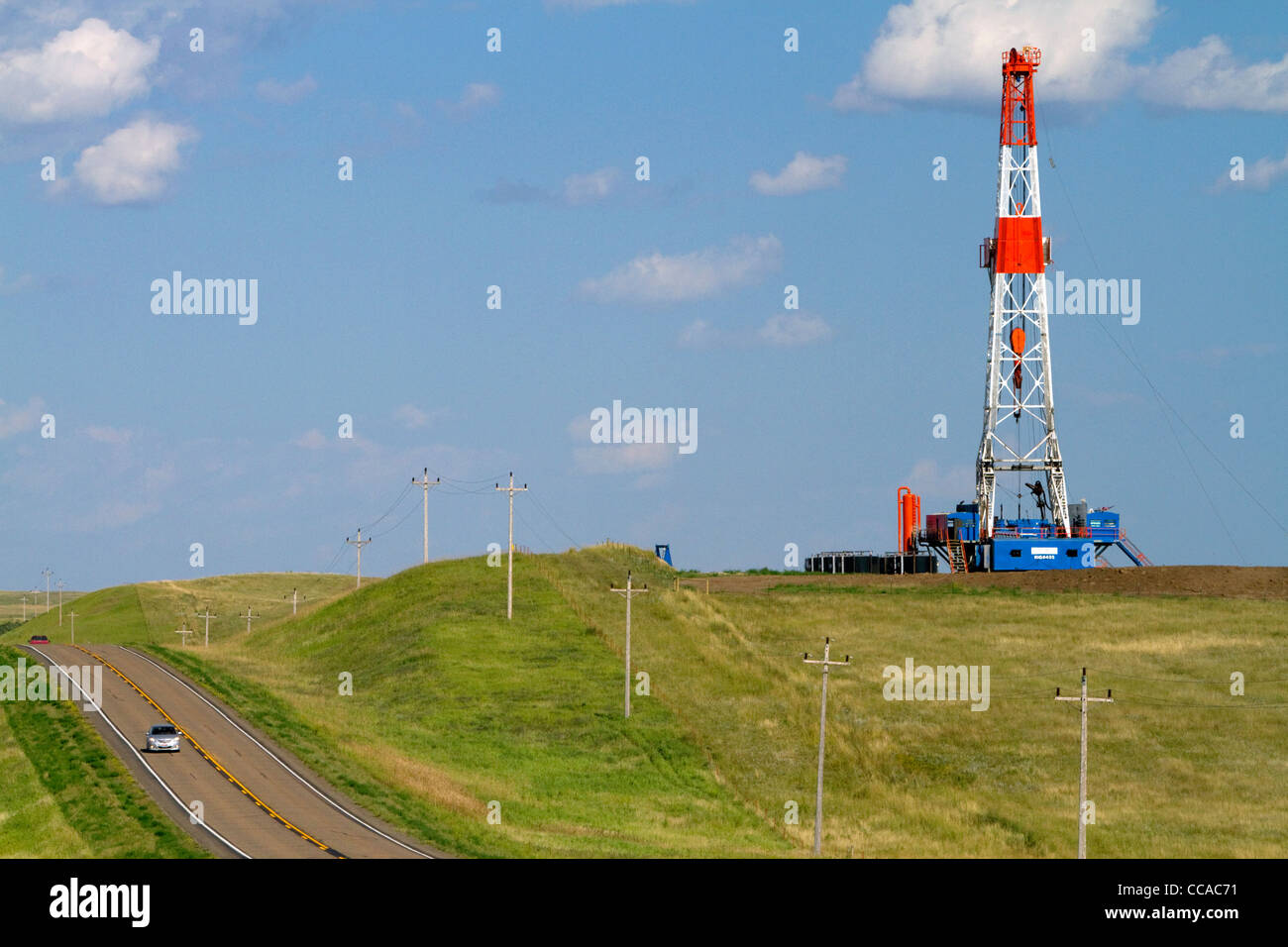 Patterson UTI oil drilling rig along highway 200 west of Killdeer, North Dakota, USA. Stock Photo