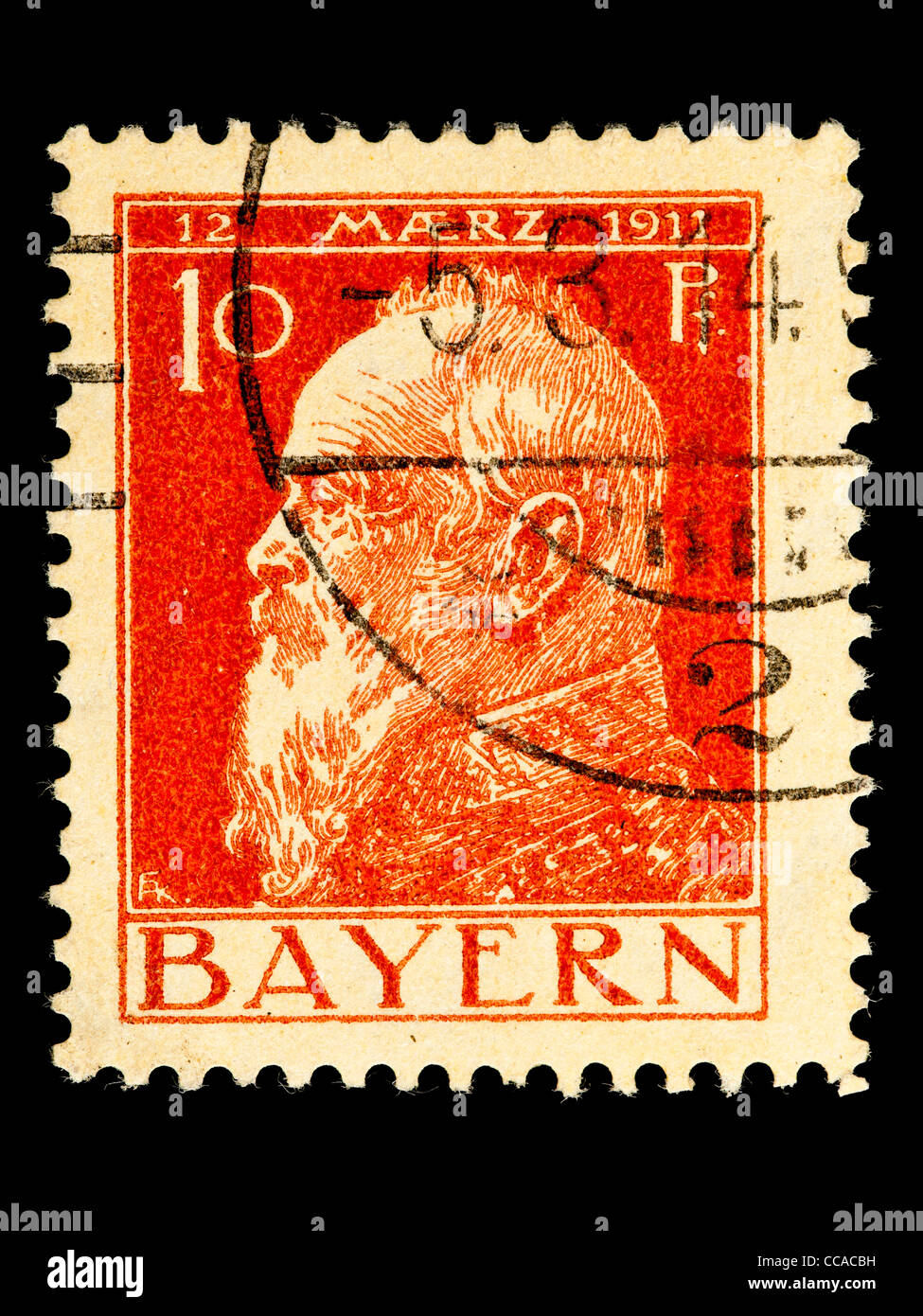 Postage stamp: Freistaat Bayern (Bavaria), King Ludwig III., 1911, 10 Pfennig, stamped Stock Photo