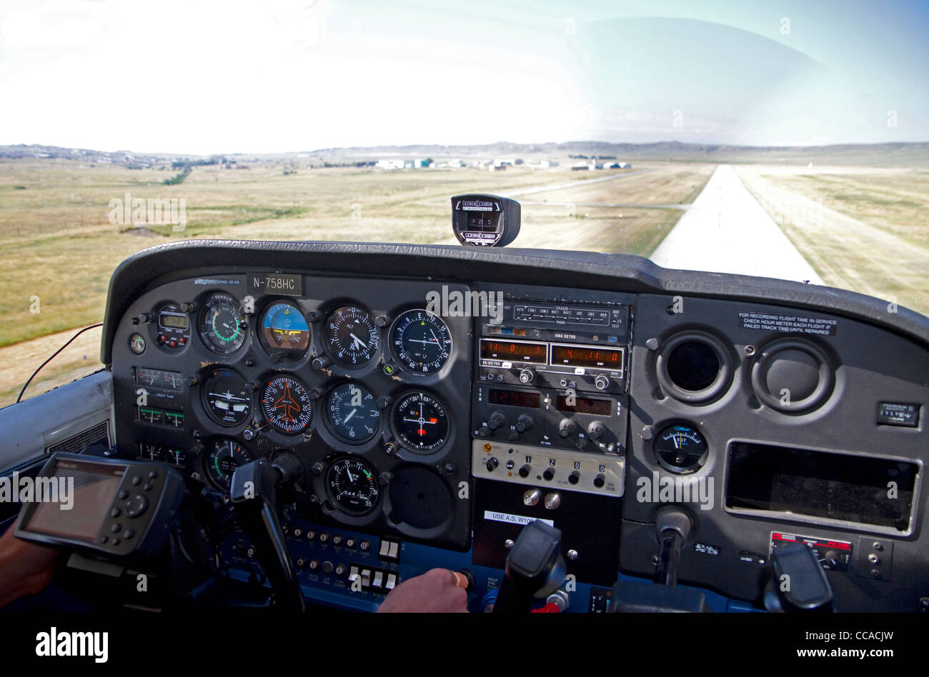 Airstrip landing view from the cockpit of a cessna 172. Stock Photo