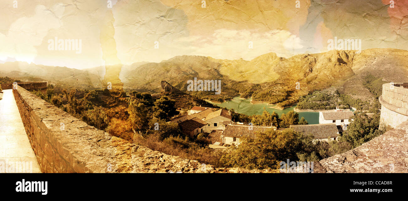 Panoramic view of beautiful mountains and lofty lake. Guadales, Spain. Old photo style Stock Photo