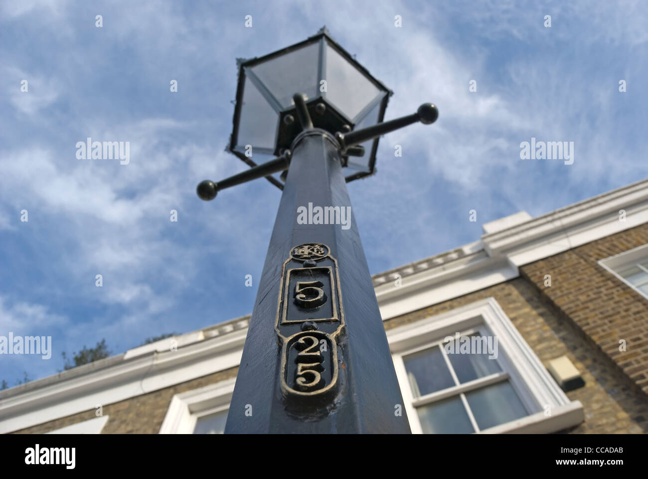 victorian style lamppost in bramerton street, chelsea, london, england, with kensington and chelsea crest and ID number Stock Photo