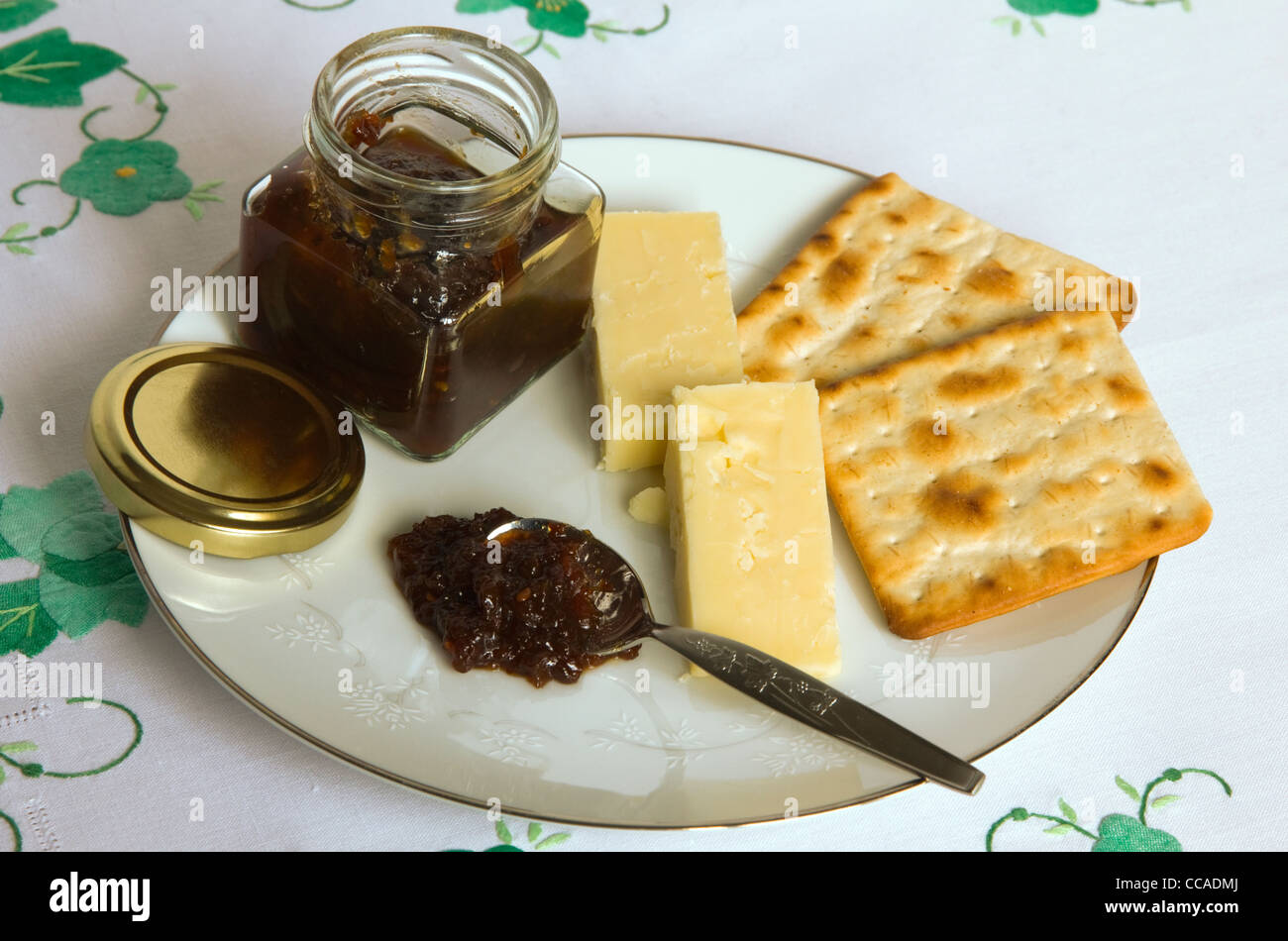 Chutney and cheese with crackers Stock Photo