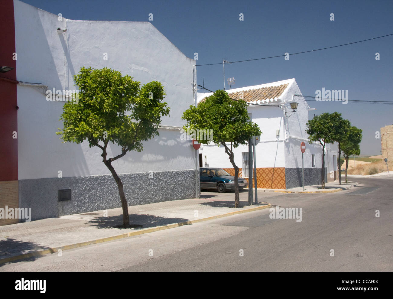 Typical quiet Spanish village street, El Coronil, Seville province, Andalucia. Stock Photo
