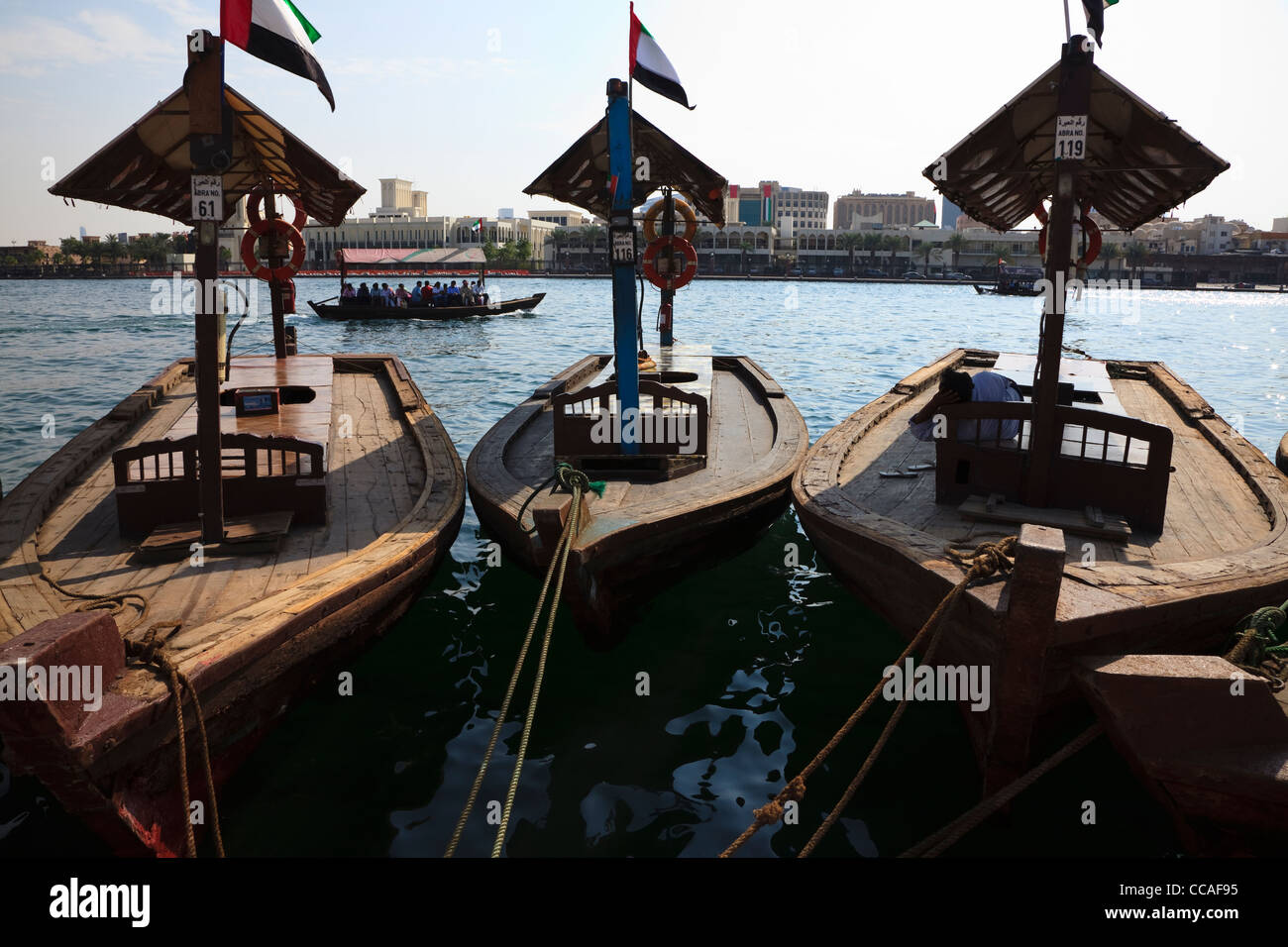 Traditional water taxi tied up at the harbour at Old Town Souk, Dubai
