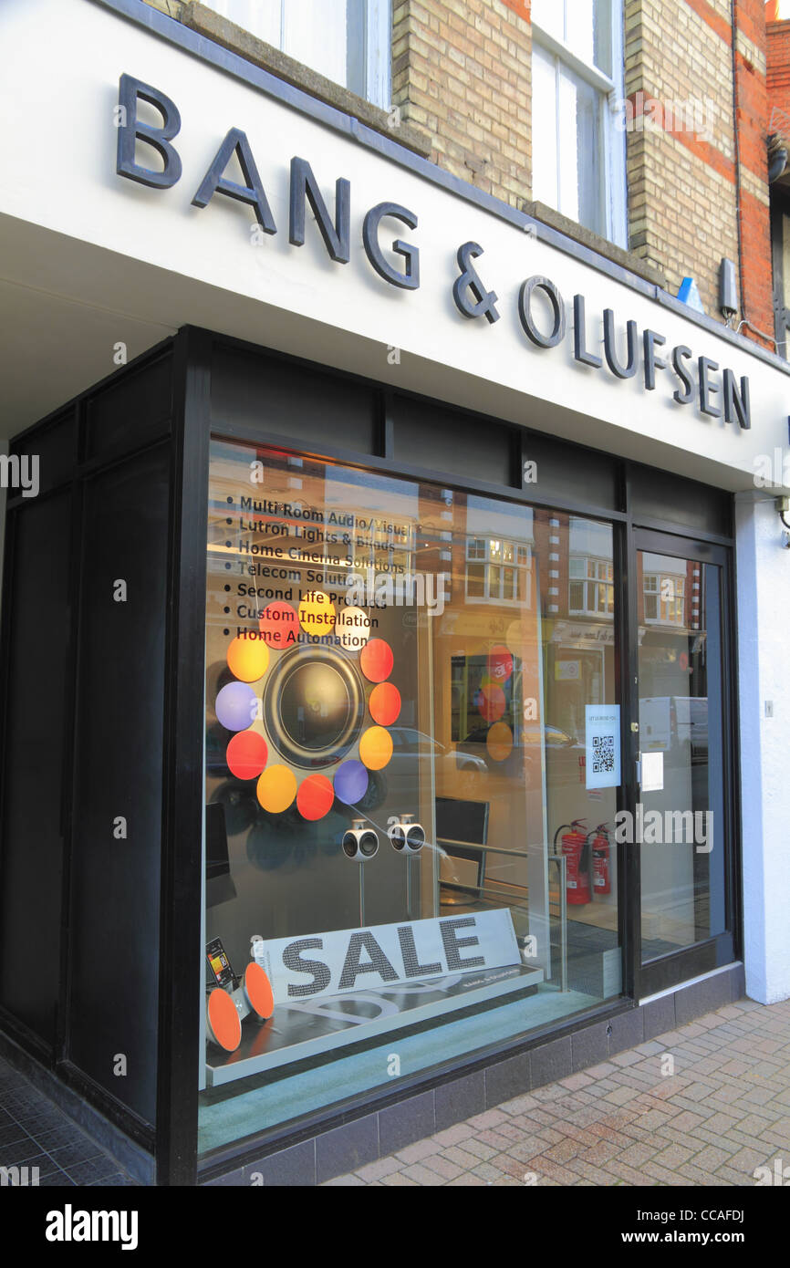 A Bang & and Olufsen high street stereo hi-fi television electronics shop store front window in Eastbourne, East Sussex, England Stock Photo