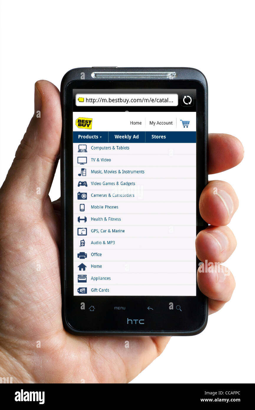 Shopping online at Best Buy with an HTC smartphone Stock Photo
