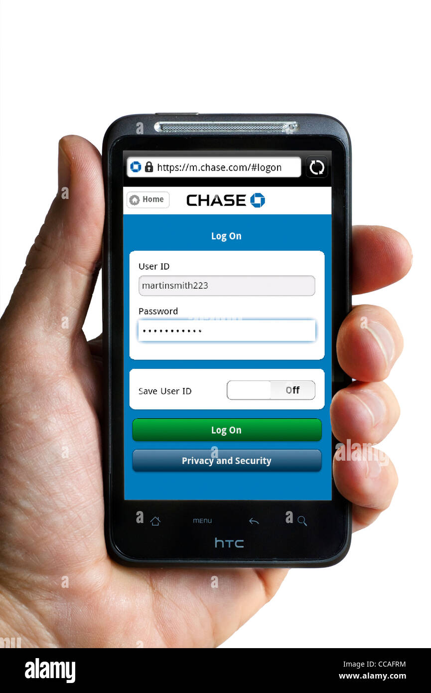 Logging on to online mobile banking with Chase Bank on an HTC smartphone Stock Photo