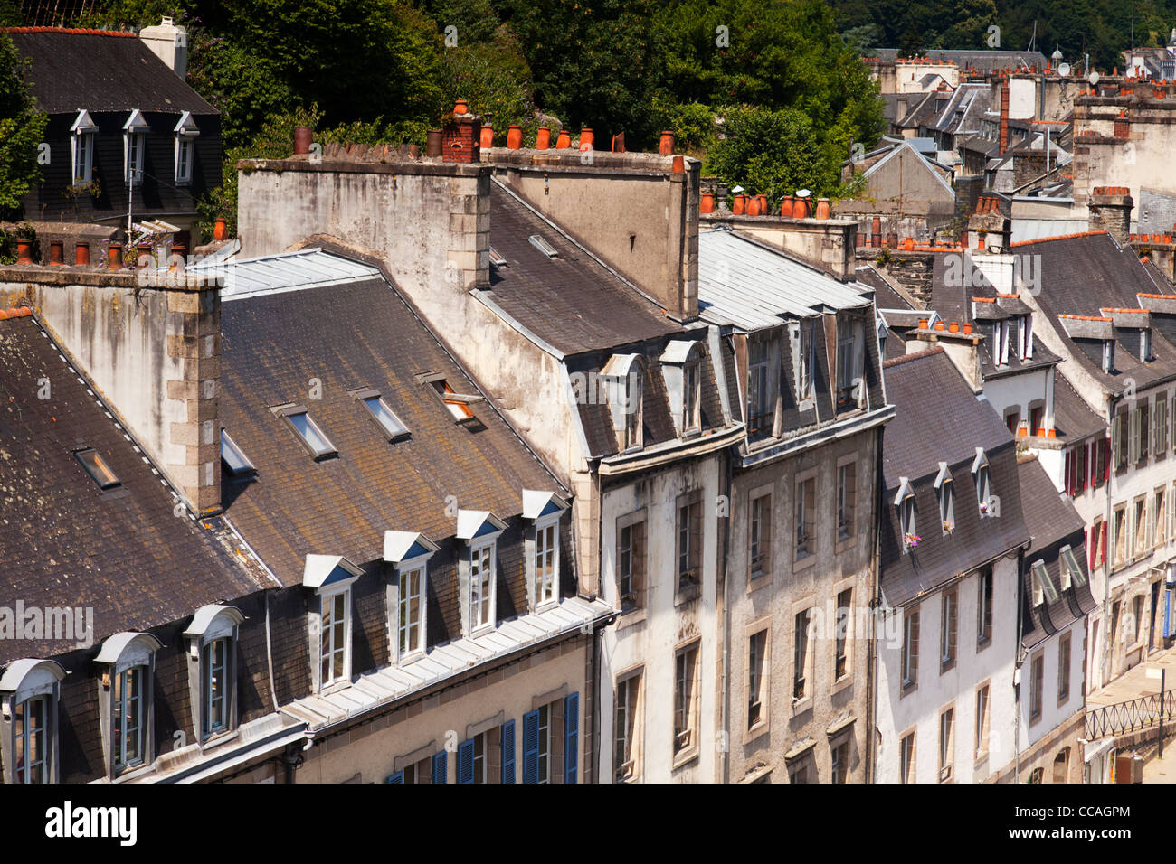 A view over the roof tops of old Morlaix, Finistere, Brittany, France, from the viaduct. Stock Photo