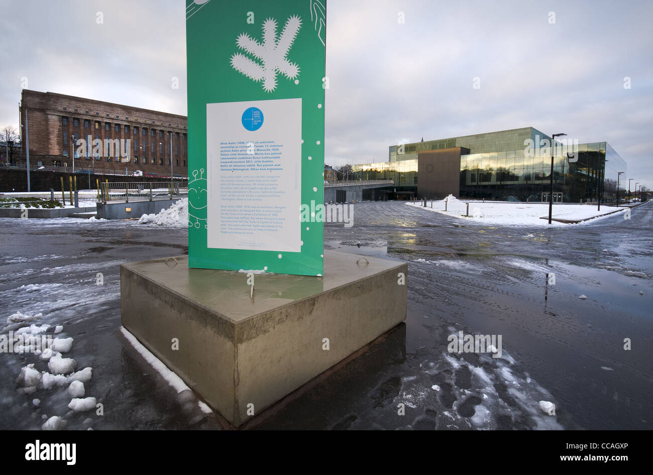 Information board on the Finnish Architect Alvar Aalto in front of Parliament House and the Helsinki Music Centre Helsinki 2012 Stock Photo