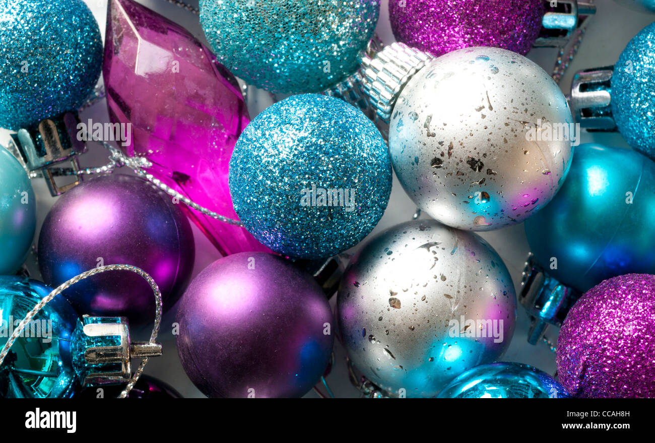Blue, silver and purple Christmas tree baubles in a box Stock ...