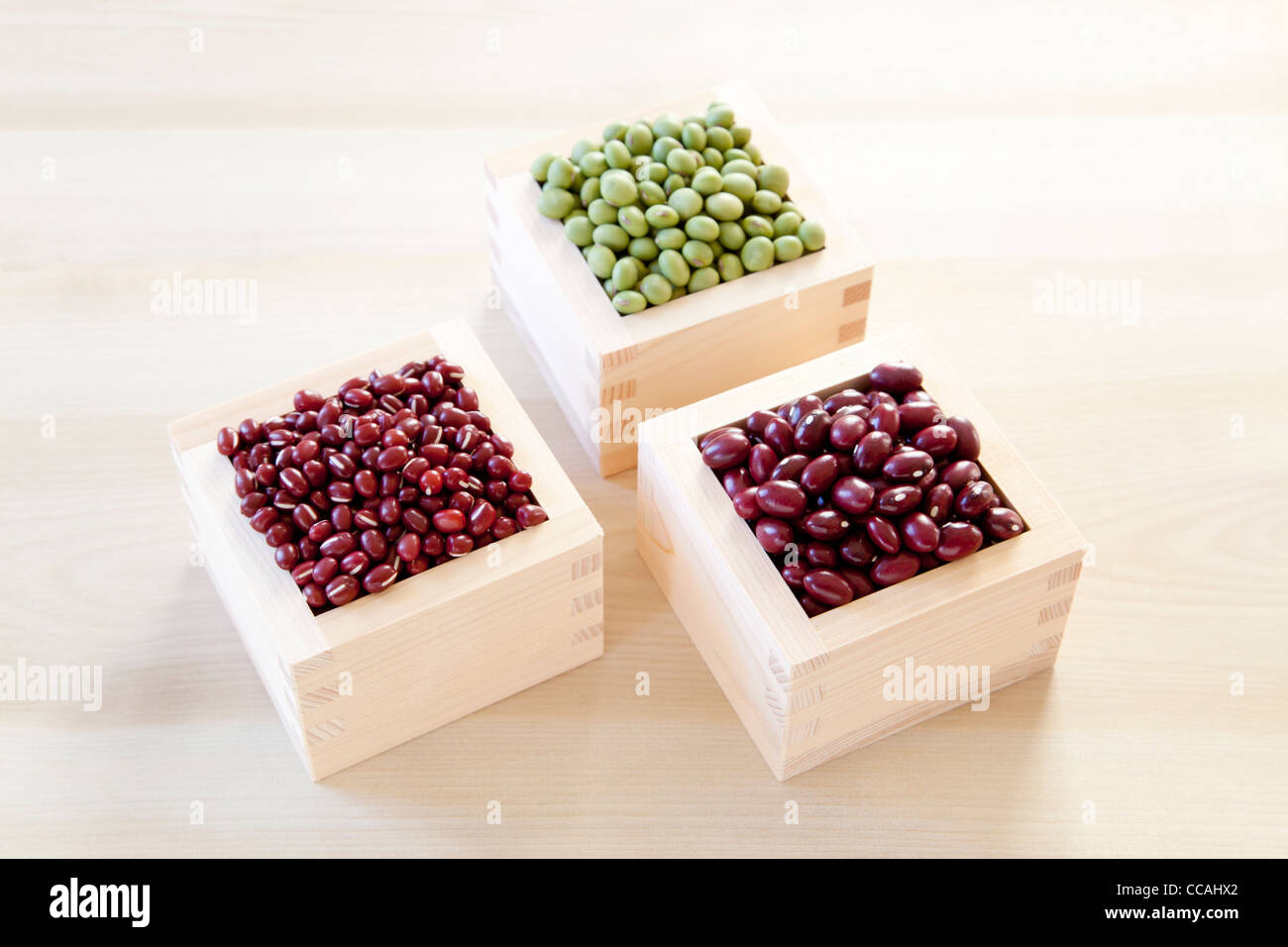 Three boxes of Beans Stock Photo